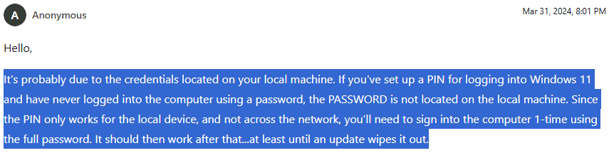 Microsoft support forum instructing to login using a Microsoft password
