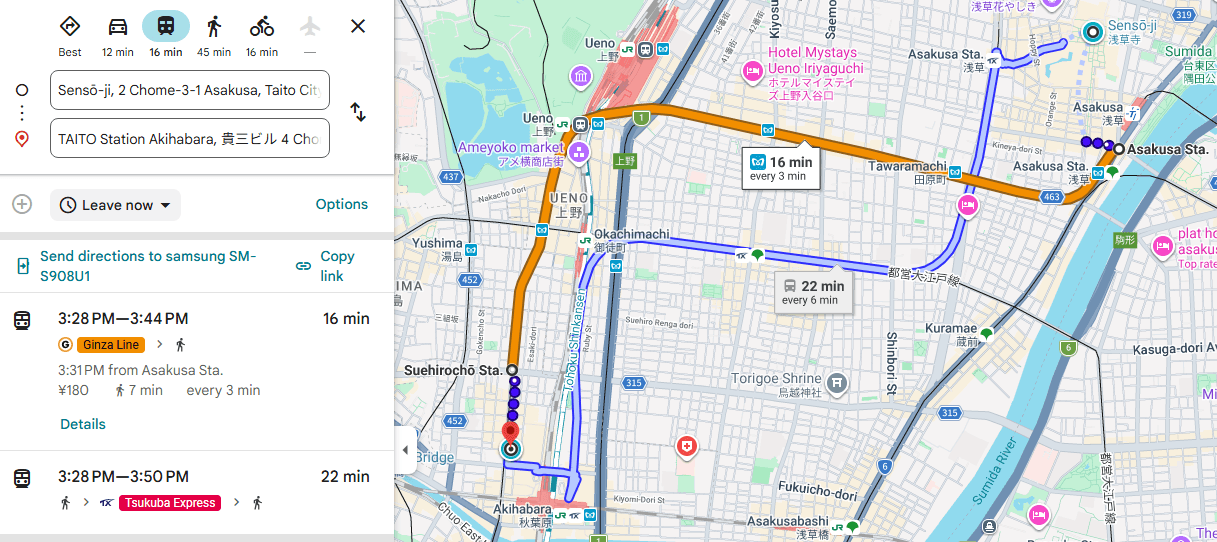 Google Maps route from Sensouji to TAITO Station