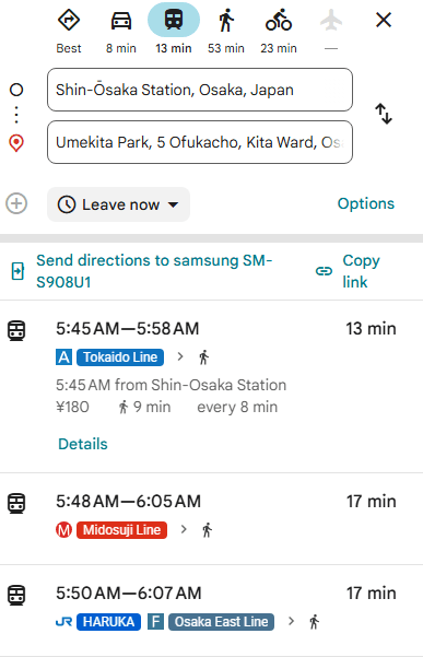 Google Maps comparison of the Tokaido and Midosuji train lines