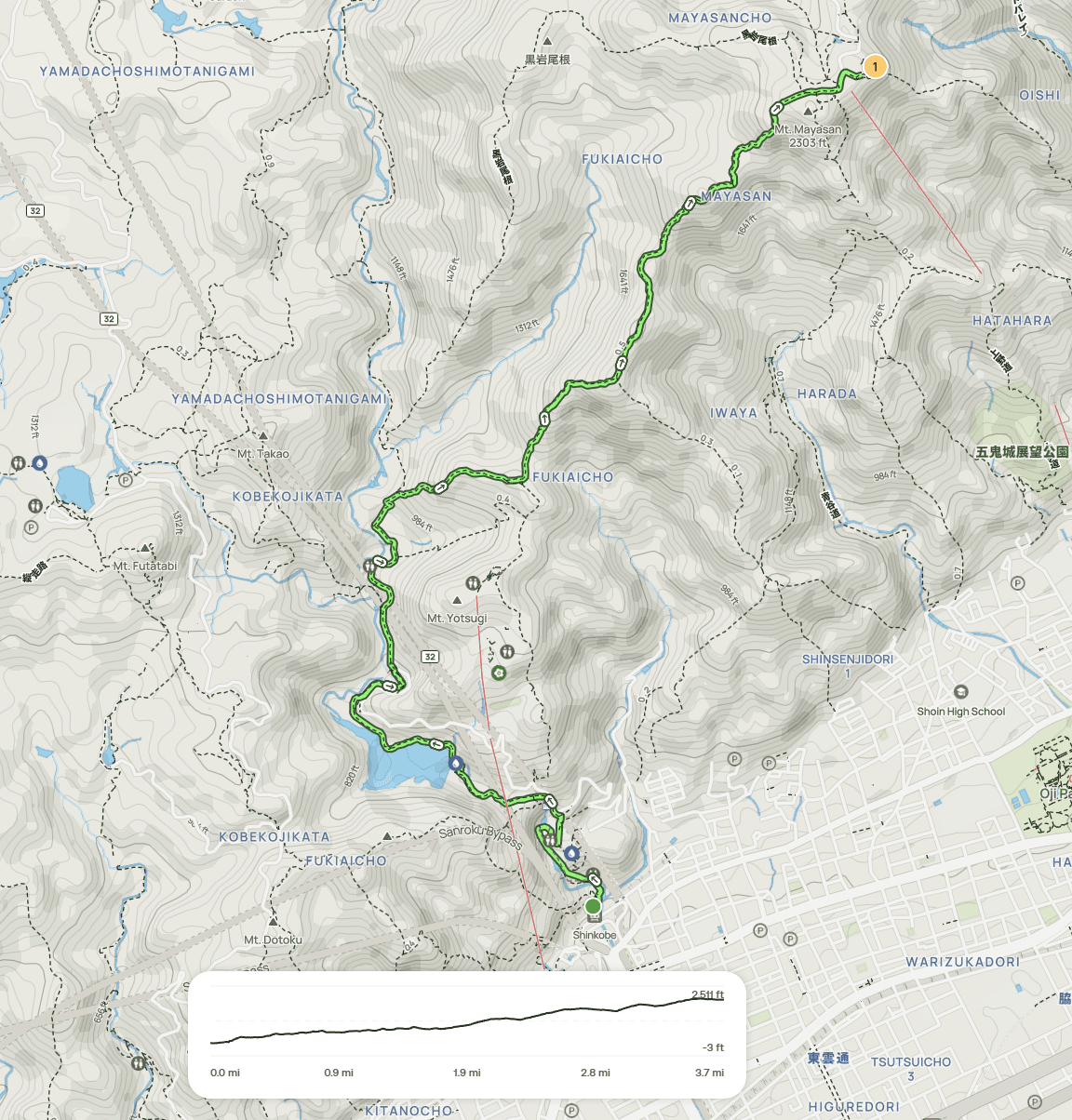 AllTrails map screenshot showing the Mount Maya / Nunobiki Falls route