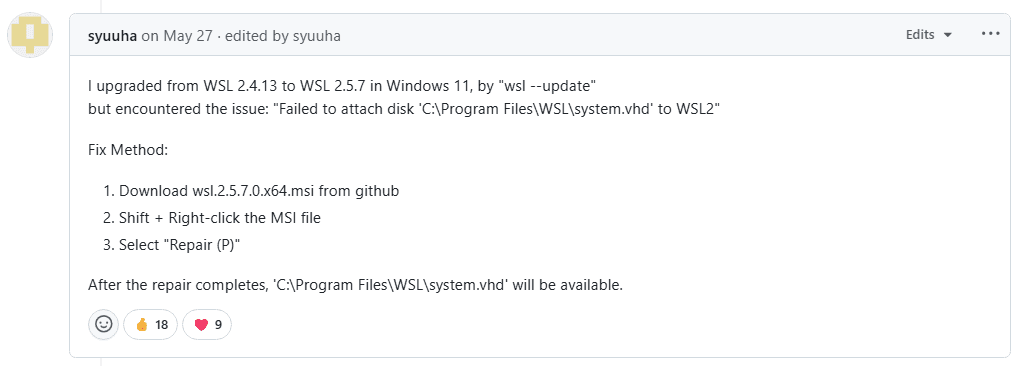 GitHub comment with WSL repair instructions
