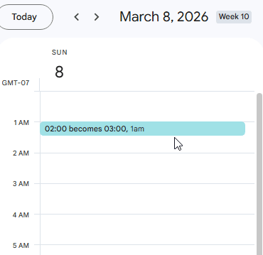Google Calendar chooses the latest valid civil time when attempting to input a non-existent value (due to a 'spring forward' transition from 02:00 to 03:00 in the Pacific Time zone)