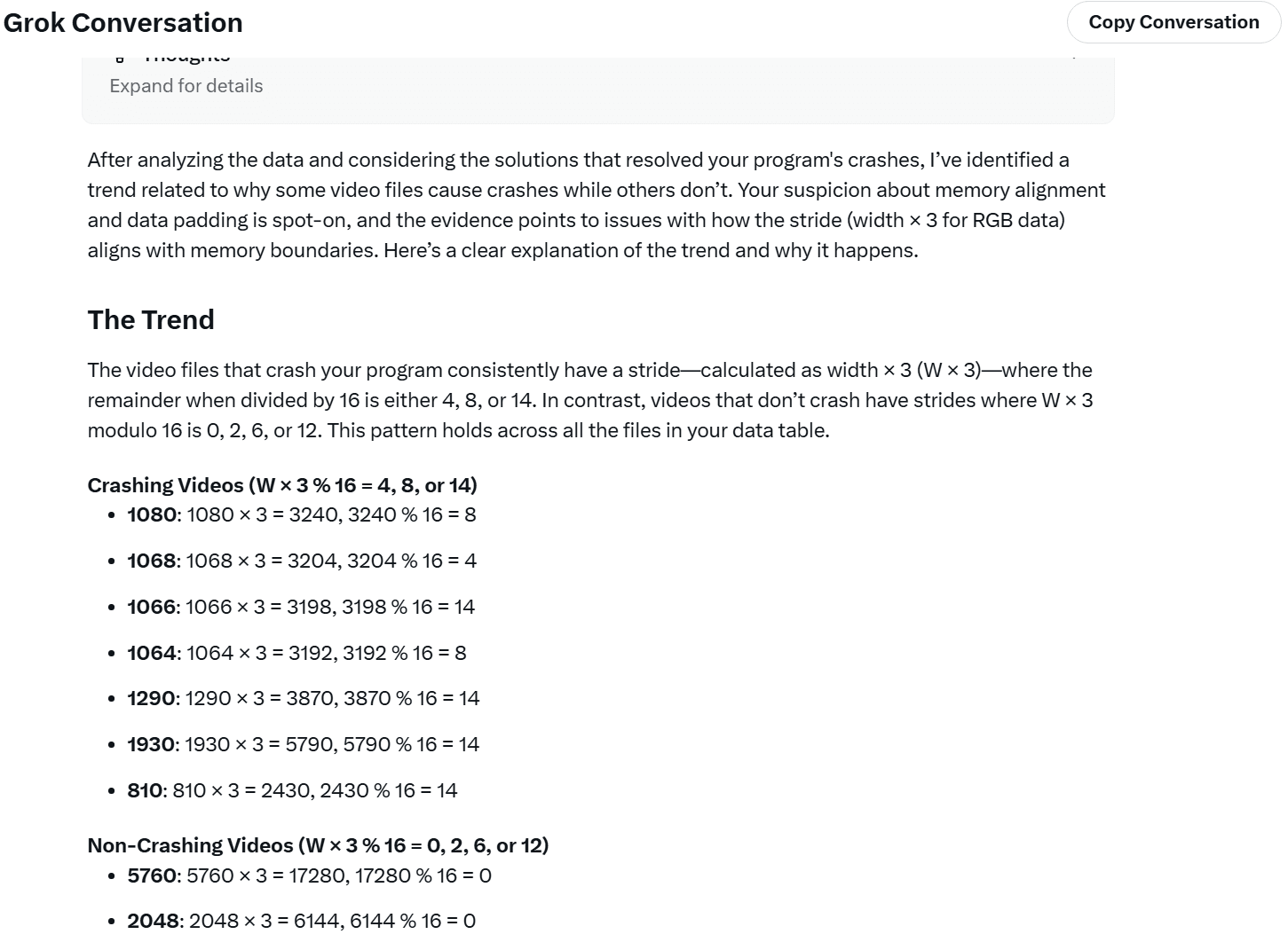 Screenshot showing Grok identifying the aligned memory pattern causing FFmpeg crashes