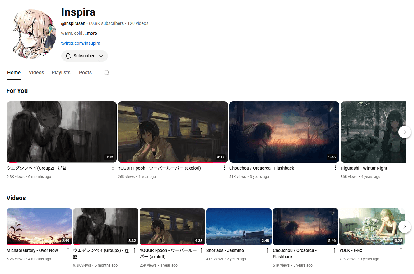 Screenshot showing Inspira's channel page on YouTube