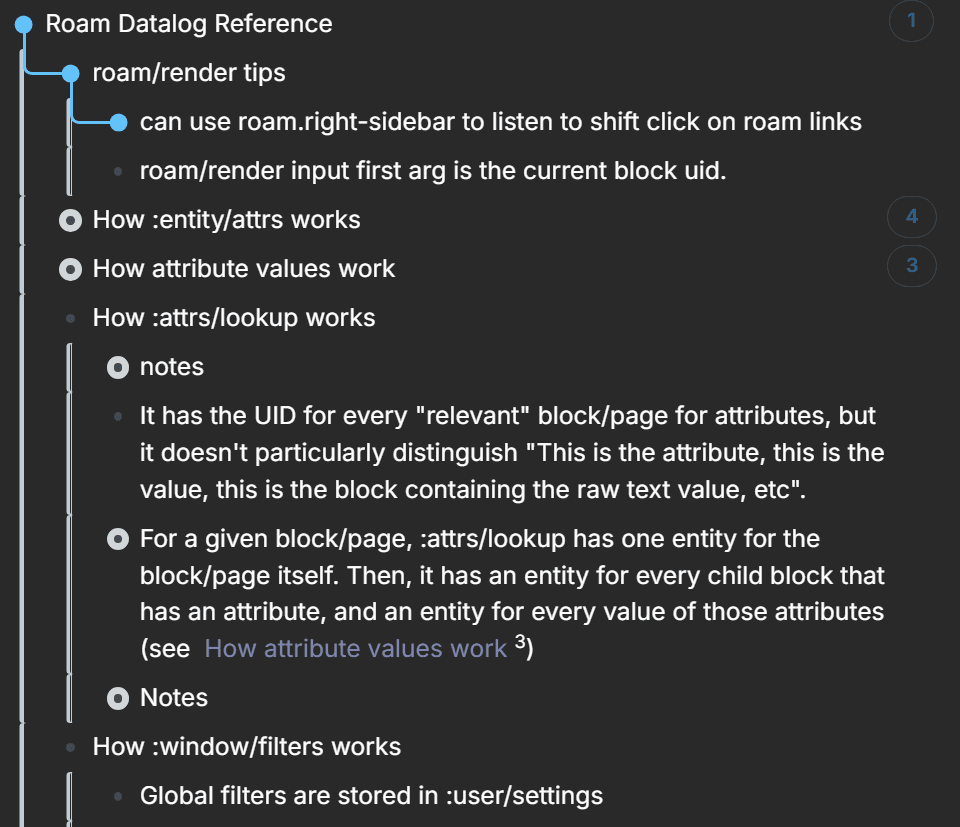 Screenshot of Roam Research notes from 2021 showing Datascript query patterns and reference documentation
