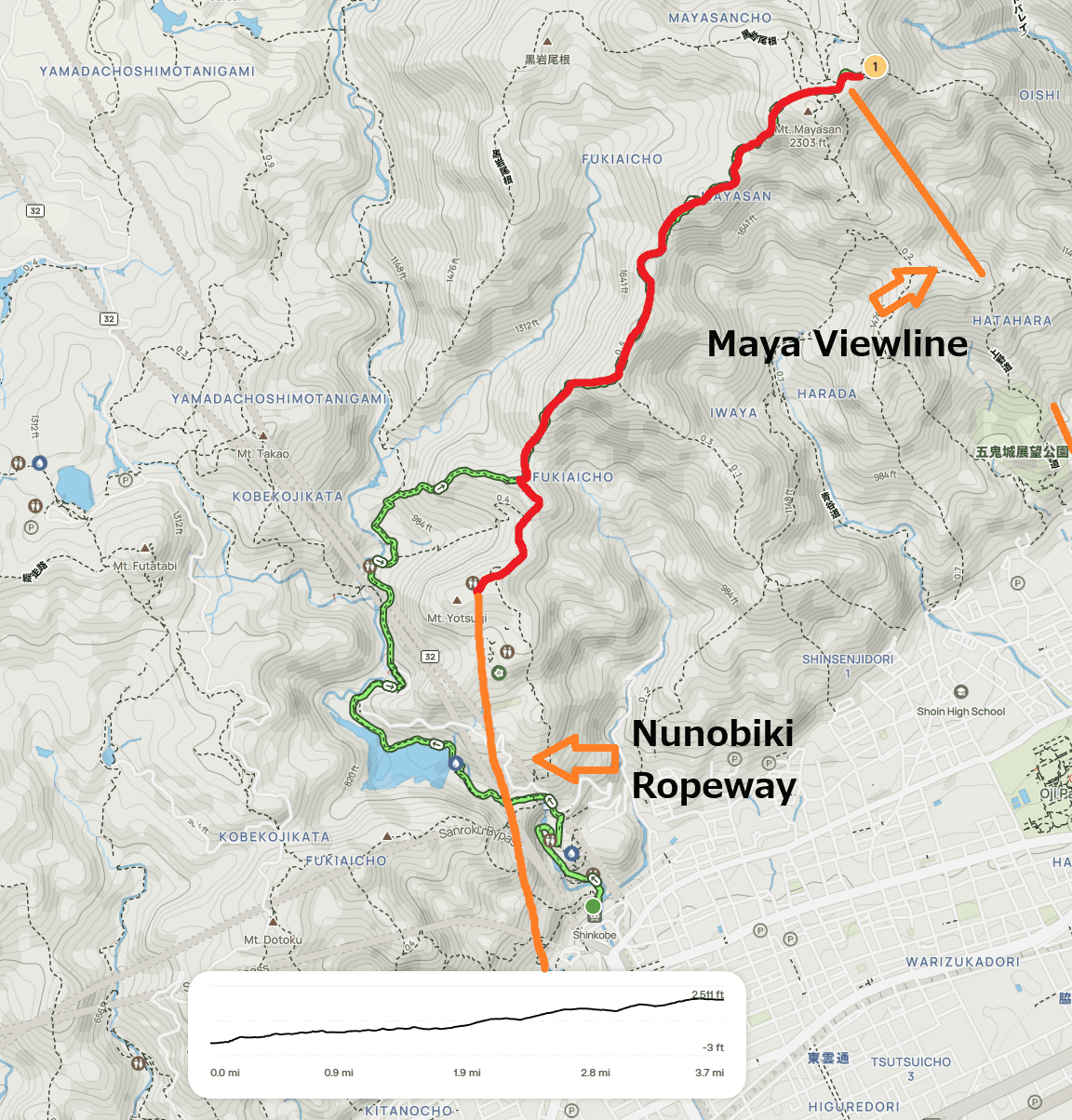 Map screenshot showing the planned shorter hike route towards Kikuseidai Observation Platform
