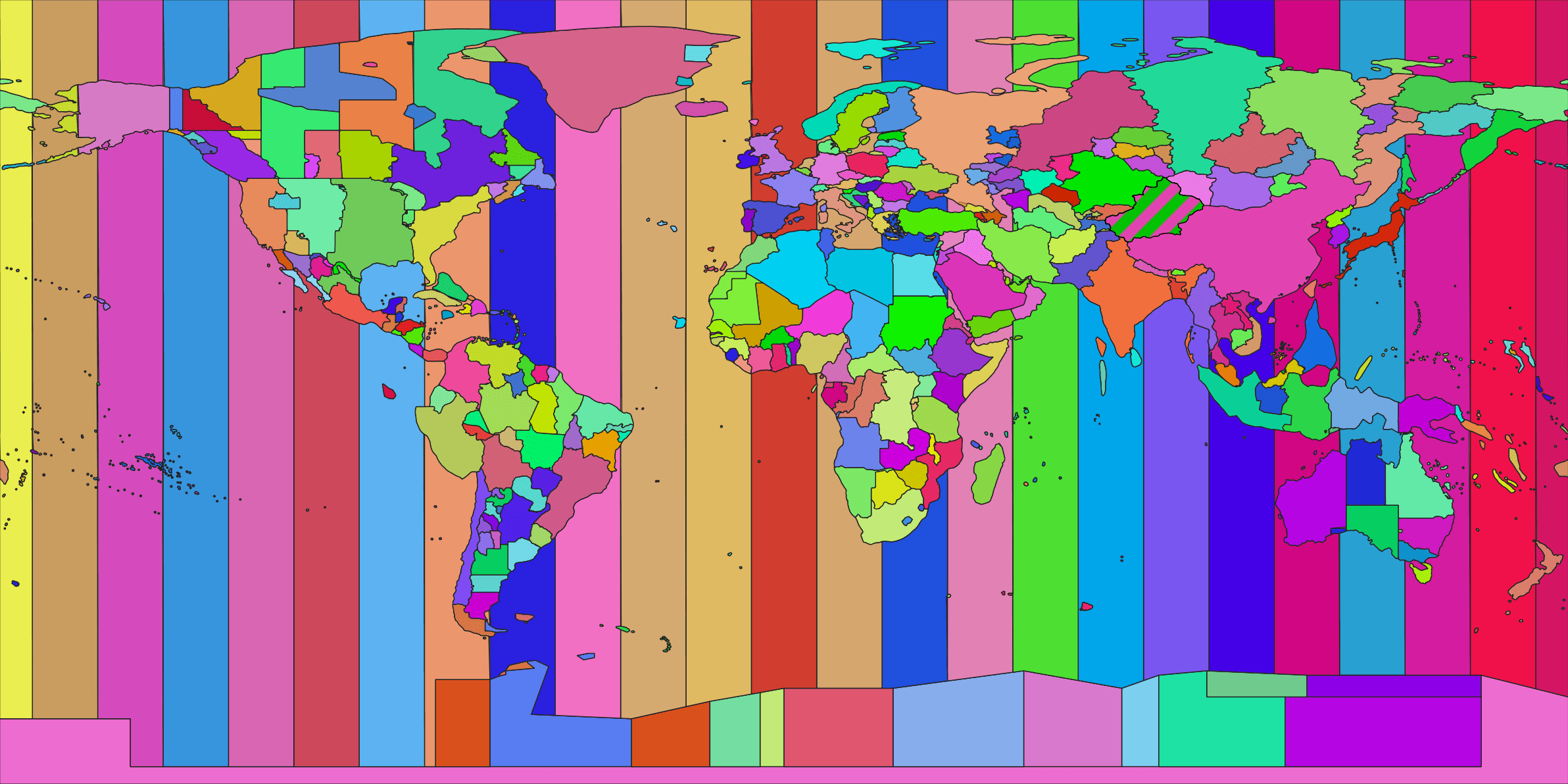 Map showing IANA timezone boundaries with irregular borders and small timezone regions