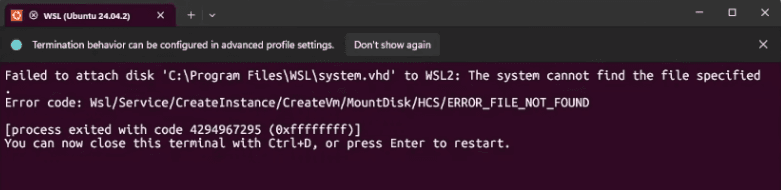 WSL crash error message